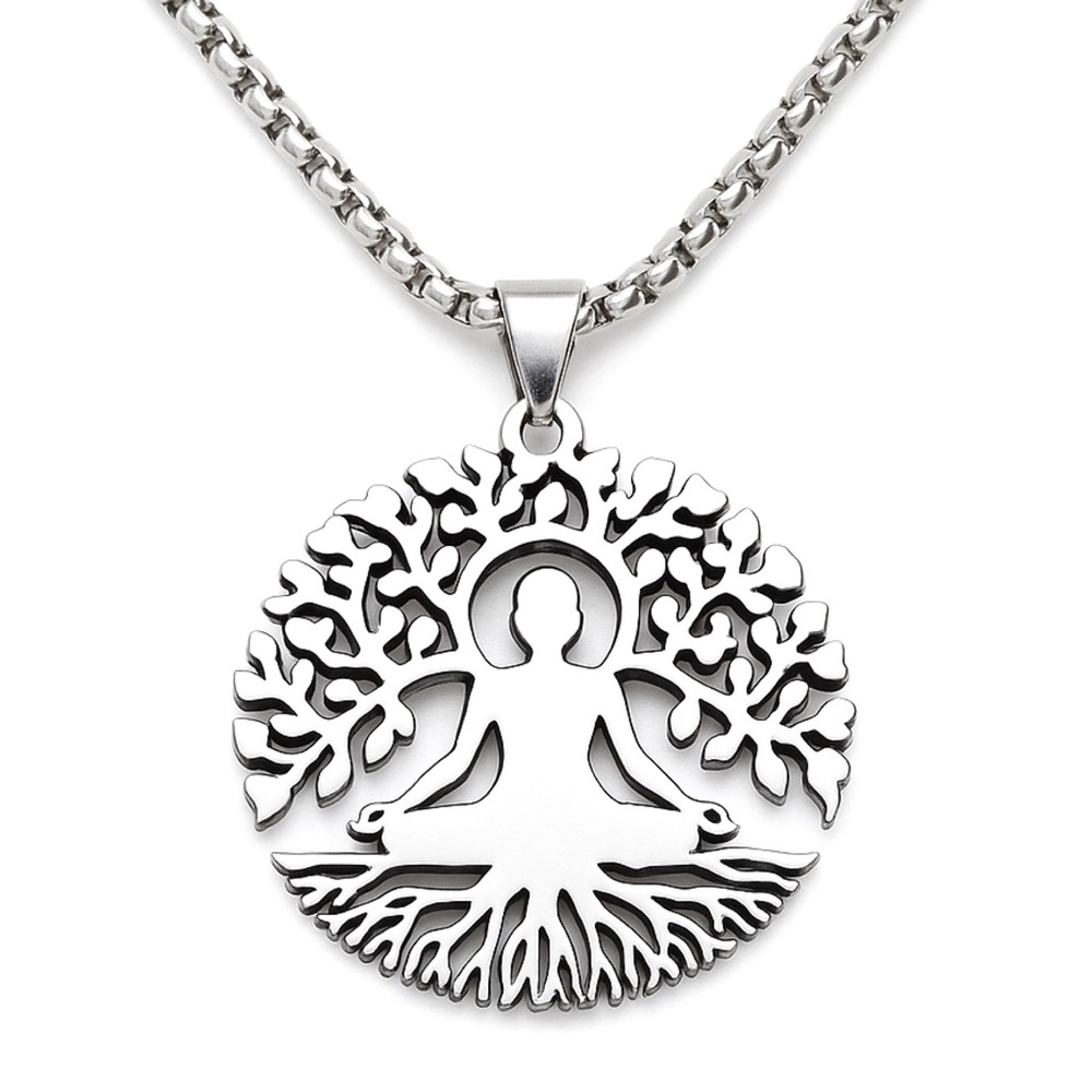 Stainless Steel Tree of Life Meditation Pendant Necklace 24” Box Chain